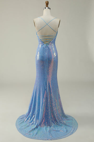 Correas de Espagueti Lentejuelas Azul Vestido de Fiesta Sirena